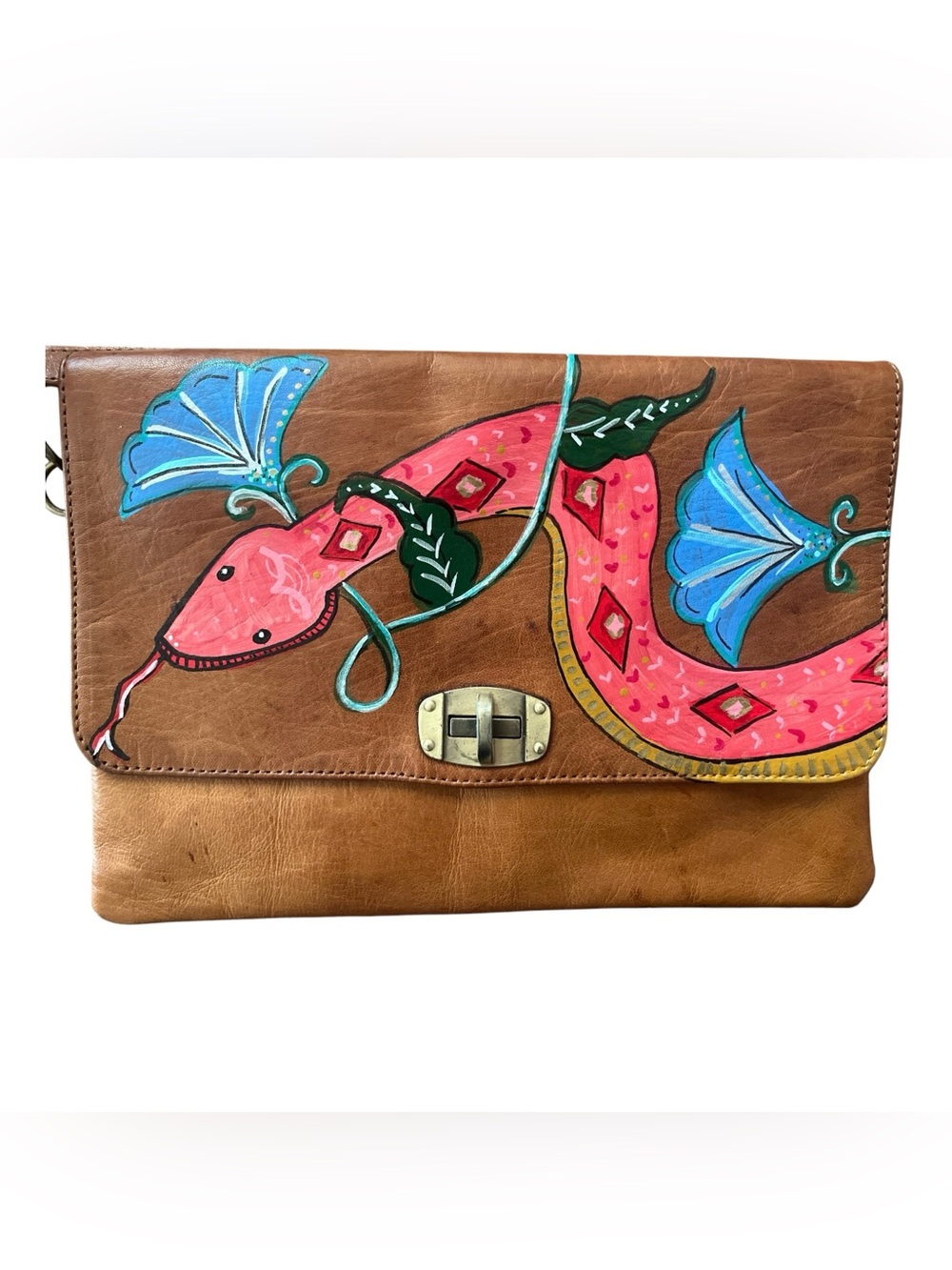 Hand Painted Vintage Leather Crossbody Purse Snake Art Deco Wearable Art